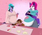 anthro baking belly big_belly blue_eyes blue_hair both_pregnant brown_body brown_fur brown_hair cheek_tuft clothed clothing cookie cooking facial_tuft female food fur grey_body grey_fur group hair holding_object licking licking_lips licking_own_lips logo multiple_pregnancies open_mouth pink_eyes pink_hair pregnant pregnant_anthro pregnant_female purple_body purple_fur simple_background standing tongue tongue_out trio tuft white_body white_fur young young_anthro young_female milk-jug kathrin_engel canid canine deer felid mammal artist_logo