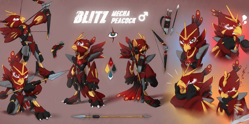 angry anthro bow_(weapon) butt front_view male mechanic melee_weapon polearm ranged_weapon rear_view red_body solo spear weapon stampmats avian bird galliform peafowl phasianid model_sheet