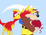 angry anthro backpack beak blue_eyes bottomwear bouquet brown_body brown_fur clothing duo feathers female flower fur green_eyes hitting holding_bouquet holding_flower holding_object male male/female plant red_body red_feathers red_rose shorts surprise wings yellow_bottomwear yellow_clothing yellow_shorts skelly_doll banjo-kazooie rareware banjo_(banjo-kazooie) kazooie avian bear breegull mammal hi_res