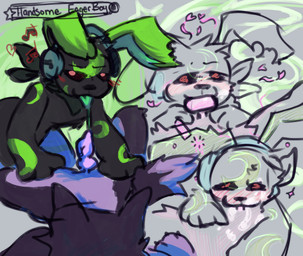 anthro blush bodily_fluids cum cum_in_mouth cum_inside dizzy drugged duo electronics feral genital_fluids genitals green_markings headphones kerchief knot larger_sub male male/male markings micropenis oral penis red_eyes size_difference small_penis submissive substance_intoxication angelpsyche animal_jam wildworks canid canine canis lagomorph leporid mammal rabbit wolf hi_res