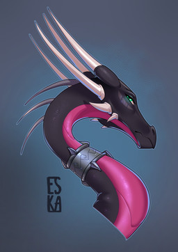 8_horns black_body black_scales facial_markings female female_feral feral forehead_markings glowing glowing_eyes green_eyes grey_background head_markings horn horn_sheath jagged_mouth long_neck long_snout looking_at_viewer magenta_scales markings multi_horn neck_ring neck_spikes scales side_view simple_background snout solo unimpressed ventral_scales white_horn katerezonate activision european_mythology mythology spyro_the_dragon the_legend_of_spyro corrupt_cynder dragon mythological_creature mythological_scalie scalie western_dragon 2025 digital_drawing_(artwork) digital_media_(artwork) english_description headshot_portrait hi_res portrait signature