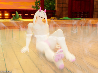 anthro clothing clothing_aside eyewear femboy fur glasses hair horn hot_spring looking_at_viewer male nipples partially_submerged pawpads pink_eyes sauna sitting solo speedo steam swimming_pool swimwear water white_body okamical okamical_(modeler) deltarune undertale_(series) ralsei bovid caprine darkner goat mammal 3d_(artwork) 4:3 digital_media_(artwork) hi_res