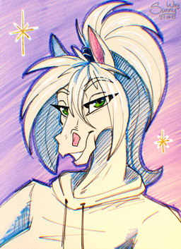anthro clothing female fur green_eyes hoodie looking_at_viewer simple_background smile solo star topwear sunny_way sunny_way_(character) equid equine horse mammal hi_res portrait