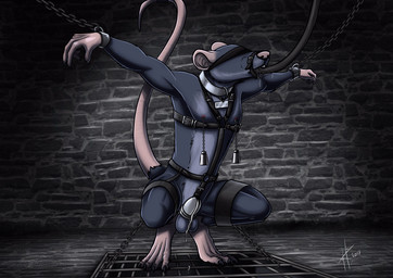 anthro balls bdsm black_harness blindfold bodily_fluids bondage bound chain chained chastity_cage chastity_device crouching cuff_(restraint) drooling frogtied front_view fur genitals grey_balls grey_body grey_fur harness inside legs_tied male male_anthro nipple_piercing nipple_ring nipple_weights nipples nude obscured_eyes piercing pink_tail restraints ring_piercing saliva slim_anthro slim_male solo tail tube_in_mouth wearing_chastity_cage wearing_chastity_device wrist_cuffs hufnaar aaron_d'verse mammal murid murine rat rodent 2017 absurd_res dated hi_res