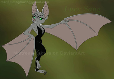 anthro big_ears breasts clothed clothing eyelashes female fully_clothed green_eyes latex looking_at_viewer raised_leg simple_background small_waist solo wings mistress-kagura bat leaf-nosed_bat mammal microbat vampire_bat yangochiropteran watermark