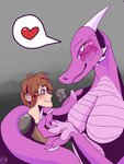 anthro big_breasts blue_eyes blush breasts brown_hair captured claws dominant dominant_female duo female flirting hair horn human_on_anthro interspecies larger_female male male/female purple_body purple_eyes scales simple_background size_difference smaller_male smile tail mountaincat mythology dragon human mammal mythological_creature mythological_scalie scalie 3:4