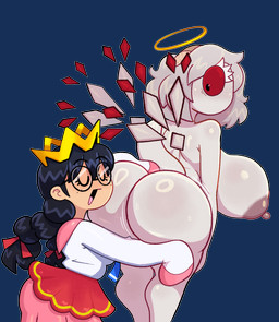 bandage big_breasts big_butt black_hair breasts butt butt_focus clothed clothed/nude clothing crown duo eyes_closed eyewear female female/female freckles glasses hair hall headgear hug huge_breasts huge_butt hugging_another hugging_butt monster_girl_(genre) mouthless nipples nude pigtails red_eyes surprised tail white_body white_hair white_skin wings somescrub kirby_(series) kirby_64:_the_crystal_shards nintendo 02_(kirby) fairy_queen_(kirby) cyclops fairy humanoid absurd_res alpha_channel cel_shading hi_res shaded