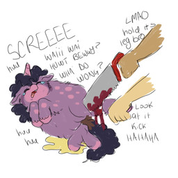 1_horn abuse animal_abuse baby_talk blood bodily_fluids cruelty crying dialogue disembodied_hand dismemberment eyes_closed feces female female_feral feral fur genital_fluids gore hair holding_leg holding_object holding_saw holding_tool hooves horn lying markings mutilation on_side open_mouth pain pained_expression pink_hooves pink_spots purple_body purple_fur purple_hair purple_tail quadruped saw severed_body_part severed_leg severed_limb solo_focus spiral_horn spots spotted_body spotted_fur struggling tail tan_body tan_skin tears teats text tools torture urine young young_female young_feral cyanideskettis fluffy_pony fluffy_pony_(species) mammal 1:1 2026 digital_media_(artwork) english_description english_text handwritten_text hi_res