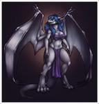 2013 anthro big_breasts biped blue_eyes blue_hair border bottomwear breasts claws cleavage clothed clothing digital_media_(artwork) digitigrade dragon female gradient_background hair hi_res horn loincloth membrane_(anatomy) membranous_wings mythological_creature mythological_scalie mythology neodokuro scalie simple_background solo standing tail toe_claws white_border wings