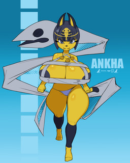 anthro areola barefoot big_breasts blue_areola blue_eyes breasts chest_wraps cleavage clothed clothing egyptian egyptian_clothing egyptian_headdress eyelashes feet female huge_breasts jewelry necklace panties solo tail text thick_thighs underwear wraps nerobero0 animal_crossing nintendo ankha_(animal_crossing) animate_inanimate domestic_cat felid feline felis living_clothing mammal absurd_res character_name hi_res