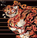 angry anthro black_body black_fur bound chain chained fur growling looking_at_another male muscular nipples orange_body orange_fur pecs red_chain red_eyes simple_background solo white_body white_fur fluffos friends_vs_friends felid feline mammal pantherine tiger absurd_res hi_res