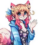 accessory anthro big_breasts blonde_hair blue_clothing blue_eyes blue_jacket blue_topwear blush bow_ribbon breasts cleavage clothed clothing curled_tail ear_piercing eyewear female floral_print fur gesture glasses hair hair_accessory hair_bow hair_ribbon hoodie jacket kemono looking_at_viewer piercing ribbons round_glasses smile smiling_at_viewer solo tail topwear waving waving_at_viewer yellow_body yellow_fur yellow_tail anakoluth cyberconnect2 little_tail_bronx aska_(anakoluth) canid canine caninu canis mammal digital_media_(artwork) icon shaded