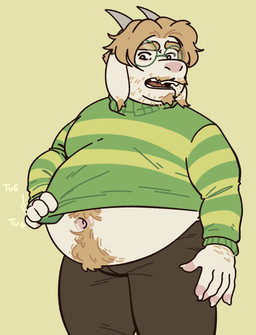 anthro belly belly_hair big_belly blonde_hair body_hair eyewear facial_hair fur glasses hair horn male navel overweight overweight_male solo white_body white_fur chridder deltarune undertale undertale_(series) asriel_dreemurr bovid caprine goat mammal hi_res