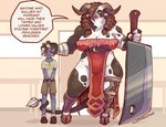 anthro beard big_breasts blue_eyes bottomwear braided_hair breasts brown_hair cleavage cleaver_(weapon) clothed clothing cloven_hooves duo facial_hair female fully_clothed grey_body grey_skin hair hooves horn humanoid_on_anthro husband_and_wife larger_female male married_couple melee_weapon romantic romantic_couple shirt shorts size_difference smaller_male t-shirt tail tail_around_another tail_around_leg tail_around_partner tail_tuft threatening threatening_words topwear tuft weapon white_hair lluisabadias european_mythology greek_mythology mythology bovid bovine humanoid mammal minotaur absurd_res hi_res