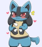 anthro black_body black_fur blue_body blue_ears blue_fur blush blush_lines fur heart_symbol looking_at_viewer male red_eyes solo spikes tail yellow_body yellow_fur caroll nintendo pokemon canid canine generation_4_pokemon lucario mammal pokemon_(species) absurd_res hi_res