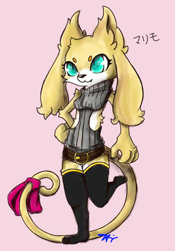 accessory anthro big_ears bow_(feature) bow_accessory bow_ribbon breasts clothed clothing female fur furgonomics ribbons simple_background solo tail tail_accessory tail_bow tail_ribbon text 9air marimo_(9air) domestic_cat felid feline felis mammal 2016 japanese_text signature