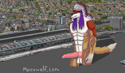 anthro aroused fur genitals headdress knot knotted_penis macro male penis red_body red_fur solo text tribal war_bonnet tokalamacrowolf chief otaktay canid canine canis mammal wolf english_text hi_res