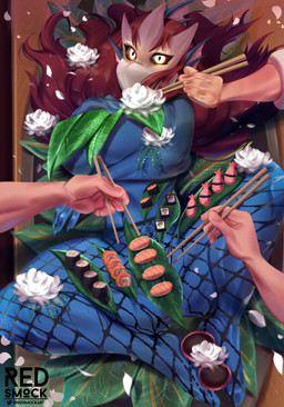 anthro big_breasts body_sushi breasts chopsticks clothing eating female fishnet_clothing fishnet_legwear flower food food_fetish food_play glowing glowing_eyes group hair legwear looking_at_viewer lying plant red_hair split_form stockings sushi thick_thighs torn_clothing torn_legwear torn_stockings redsmock dungeons_and_dragons hasbro wizards_of_the_coast aquatic fish humanoid merfolk absurd_res digital_media_(artwork) hi_res