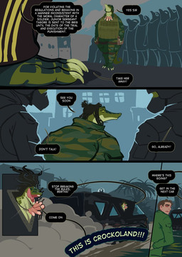 anthro armor army barefoot body_armor breasts camo claws feet female genital_mutilation genital_torture green_body green_scales green_sclera group hair jewelry male mutilation necklace scales severed_body_part severed_genitals sharp_teeth teeth text toe_claws smolevn guy_randoms sgt._bertha_gator crocodile crocodilian human mammal reptile scalie comic english_text hi_res