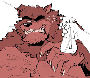 anthro brown_body brown_ears brown_fur brown_hands claws disembodied_hand eyebrows fangs finger_claws front_view fur holding_object male monotone_background monotone_hands monotone_inner_ear multicolored_body multicolored_fur narrowed_eyes one_eye_closed open_mouth sharp_teeth simple_background solo spray_bottle teeth tuft two_tone_body two_tone_fur water white_background soildweller mythology brent_(soildweller) canid canine mammal mythological_canine mythological_creature werecanid werecanine werecreature werewolf 2025 bust_portrait colored_sketch hi_res portrait sketch