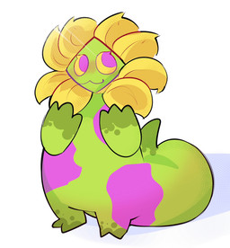 anthro biped dark_body dark_markings dark_tail eyelashes green_body green_tail markings pink_body pink_eyes plant smile solo tail yellow_body yellow_petals yellow_sclera flamedboingus deltarune undertale_(series) chapter_5_darkner darkner elemental_creature flora_fauna floradinn 2026 hi_res