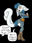 2018 2_tails alpha_channel anthro belt bethesda_softworks beverage blue_body blue_fur blue_hair boots caitlyn_(swordfox) clothing crossover damaged_clothing dialogue english_text fallout fallout:_pca fangs felid feline female footwear fur generation_6_pokemon gloves_(marking) glowing hair looking_back mammal markings meowstic microsoft multi_tail muniversalarts neck_tuft nintendo open_mouth pika-cola pip-boy pokemon pokemon_(species) post-apocalyptic red_eyes simple_background soda soda_bottle solo speech_bubble story story_in_description tail teeth text transparent_background tuft vault_suit white_body white_fur yellow_sclera