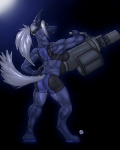 anthro biceps biped bottomwear butt clothing ear_piercing female furgonomic_bottomwear furgonomics gatling_gun gun hair machine_gun minigun muscular muscular_anthro muscular_female piercing ponytail ranged_weapon rear_view solo standing tail tail_button_bottoms tail_clothing weapon krinkels cyera canid canine canis fox hybrid mammal wolf blue_theme cool_colors