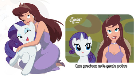 blue_eyes breasts brown_hair clothing dress duo female hair horn hug one_eye_closed purple_clothing purple_dress text voice_actor_joke gozo76257 comedy_central drawn_together friendship_is_magic hasbro my_little_pony mythology princess_clara rarity_(mlp) equid equine horse human mammal mythological_creature mythological_equine pony unicorn crossover hi_res spanish_text