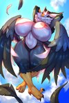 2022 anthro areola avian beak big_breasts bird breasts claws curvy_figure dart_(nuttynut93) digital_media_(artwork) falcon falconid feathered_wings feathers female hands_behind_head hi_res huge_breasts multicolored_body multicolored_feathers neck_tuft nipples non-mammal_breasts outside smile solo thefuckingdevil thick_thighs toe_claws tuft voluptuous wings