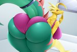 anthro bent_over big_breasts big_butt breasts butt clothing dress eyes_closed female huge_breasts huge_butt huge_hips huge_thighs leotard multicolored_body smile solo thick_thighs two_tone_body wide_hips mleonheart nintendo pokemon dracozolt fossil_pokemon generation_8_pokemon pokemon_(species) 2023