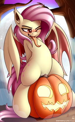 bat_wings blush bodily_fluids clitoris cutie_mark fangs female feral food food_fetish food_insertion food_play fruit fur genital_fluids genitals hair holidays improvised_dildo improvised_sex_toy long_hair masturbation membrane_(anatomy) membranous_wings moon night nude outside penetrated_by_pumpkin penetration pink_hair plant pumpkin pumpkin_fucking quadruped red_eyes sitting_on_pumpkin smile solo teeth tongue tongue_out vaginal vaginal_fluids vaginal_masturbation vaginal_penetration vulva wings shinodage friendship_is_magic halloween hasbro my_little_pony flutterbat_(mlp) fluttershy_(mlp) bat_pony equid equine horse hybrid mammal pony vampire 2015 absurd_res digital_media_(artwork) hi_res