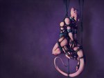 4_fingers 4_toes abstract_background armband bdsm bondage bound breasts claws eyes_closed feet female fingers hands_behind_head humanoid_pointy_ears lizard_tail long_tail neckband neckwear nipples nude orange_body orange_skin pointy_ears purple_background restraints rope rope_bondage simple_background solo tail toe_claws toes white_claws zygodactyl lauralien naerina alien alurian