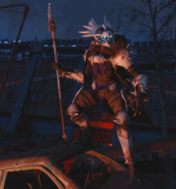 2_toes 3_fingers 4_arms 4_eyes armor barefoot bottomwear breasts brown_body brown_exoskeleton car claws clothing exoskeleton feet female fingers fur_collar genitals glowing glowing_eyes headgear ineffective_clothing knee_pads loincloth melee_weapon multi_arm multi_eye multi_limb night plant polearm sky solo spear spiked_armor spikes straps toes tree vehicle weapon juanratman pickle_juice_(modeler) bungie destiny_(series) alien arthropod eliksni 3d_(artwork) absurd_res digital_media_(artwork) hi_res