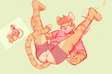 5_fingers anthro anus bottomwear butt buttless clothing eyes_closed fingers fur gesture hand_gesture legs_up lying male on_back on_side pink_nose presenting presenting_anus presenting_hindquarters shirt shorts simple_background smile solo striped_body striped_fur stripes tan_body tan_fur teeth topwear v_sign whisker_spots white_body white_fur p_rindustries chuck_(p_rindustries) domestic_cat felid feline felis mammal 3:2 guide_lines signature