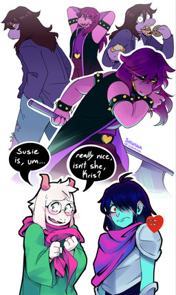 2_horns ambiguous_gender ambiguous_human anthro axe biped black_outline blue_body blue_hair blue_skin blush blush_lines bodily_fluids brown_hair cartoon_freckles clothed clothing cookie cute_fangs dialogue eating embarrassed eyewear fangs female flustered food freckled_face freckled_shoulders freckles fur glasses green_eyes group hair hands_behind_back hands_behind_head holding_axe holding_object horn imagination looking_at_viewer male open_mouth outline pink_body pink_horn pink_scales purple_body purple_hair purple_scales red_eyes scales scarf simple_background smile smiling_at_viewer smirk smirking_at_viewer speech_bubble sweat sweatdrop talking_to_another teeth text trio wearing_glasses white_background white_body white_fur white_outline xshinina deltarune nickelodeon spongebob_squarepants undertale_(series) kris_dreemurr ralsei susie_(deltarune) bovid caprine darkner goat human mammal scalie soul_(undertale) 2025 digital_drawing_(artwork) digital_media_(artwork) english_description english_text hi_res meme signature