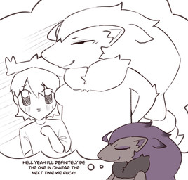 anthro biped black_body black_fur breasts dialogue duo eyelashes eyeliner female female_anthro female_on_human fur grey_body grey_fur human_on_anthro interspecies makeup male male_on_anthro multicolored_body multicolored_fur profanity purple_body purple_fur simple_eyes small_breasts smile standing text thought_bubble svkhaiminh nintendo pokemon camille_(svkhaiminh) kyle_(svkhaiminh) generation_5_pokemon human mammal pokemon_(species) shiny_pokemon zoroark english_text hi_res