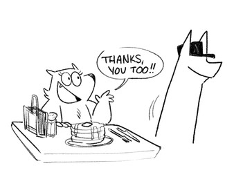 ambiguous_gender anthro clothing cutlery dialogue duo female food fork furniture gesture hat headgear headwear kitchen_utensils pancake syrup table text tools waving twistcmyk twist_(twistcmyk) monochrome