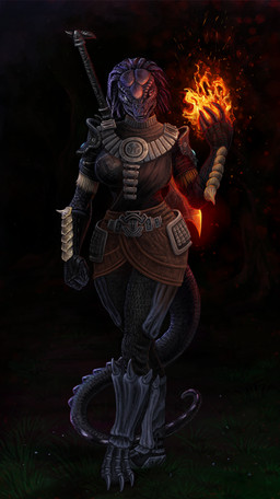 anthro armor black_sclera blue_background bottomwear breasts brown_bottomwear brown_clothing chainmail clothed clothing female fire front_view glistening glistening_eyes grass magic_user non-mammal_breasts plant red_eyes simple_background solo standing unsigned himeragoldtail microsoft the_elder_scrolls argonian scalie 2019 full-length_portrait hi_res portrait
