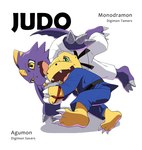 agumon anthro bandai_namco claws digimon digimon_(species) duo english_text fight gi_(disambiguation) green_eyes judo judo_flip keikogi male martial_arts_uniform monodramon op7804620 purple_body scalie sport sportswear text yellow_body yellow_eyes