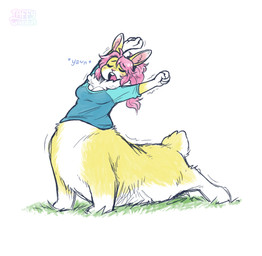 blush breasts clothing eyes_closed female fur grass green_clothing green_shirt green_topwear hair open_mouth pink_hair plant ponytail shirt simple_background solo stretching tail topwear white_body white_fur yellow_body yellow_fur taffywabbit soleil_(keffotin) lagomorph lagomorph_taur leporid leporid_taur mammal mammal_taur rabbit rabbit_taur taur 2024 digital_media_(artwork) hi_res trans_(lore) trans_woman_(lore)