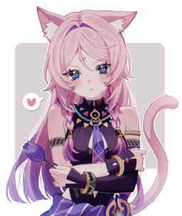 animal_ears blue_eyes blush braided_hair breasts cat_tail clothing crossed_arms female flower fluffy_ears hair heart_symbol humanoidized long_hair medium_breasts pigtails pink_hair plant purple_flower twin_braids upper_body woolly_(mli_xx50) genshin_impact mihoyo citlali_(genshin_impact) animal_humanoid humanoid hi_res