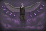 anthro beak belt bottomwear clothed clothing eyewear feathers glasses grey_wings magic magic_user necktie pants purple_aura purple_eyes simple_background spread_wings topwear vest wings kazzyboii feathers_(kazzyboii) avian bird owl sooty_owl tyto tytonid absurd_res hi_res nonbinary_(lore)