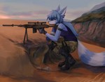 anthro black_nose blue_body blue_eyes blue_fur blue_hair boots bottomwear camo camo_bottomwear camo_clothing camo_pants camo_print cliff clothed clothing detailed_background female field footwear fur gloves grass gun hair handwear hill hillside inner_ear_fluff pants pattern_bottomwear pattern_clothing pattern_pants plant ranged_weapon rifle rock shirt shoes silencer solo sunset topwear tuft weapon white_body white_fur louraa ailurid mammal red_panda 2022 hi_res