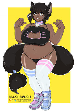 bangs belly belly_overhang big_belly big_breasts big_butt big_tail black_hair bra breasts brown_body brown_skin bulge butt cleavage cleavage_cutout clothed clothing collar curvy_figure cutout dark_body dark_skin fangs female fluffy footwear glistening glistening_body glistening_eyes hair inner_ear_fluff legwear lingerie navel overweight shoes simple_background smile sneakers solo tail tail_tuft teeth thick_thighs thigh_highs tuft underwear voluptuous wide_hips blushbrush d'shuki animal_humanoid felid felid_humanoid humanoid mammal mammal_humanoid absurd_res hi_res trans_(lore) trans_woman_(lore)