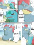 3:4 chigiri comic dialogue digital_media_(artwork) duo english_text feraligatr generation_1_pokemon generation_2_pokemon hi_res ivysaur male nintendo outside pokemon pokemon_(species) profanity sand scar shore size_difference sky text