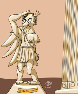 anthro classical_architecture feathered_crest feathered_wings feathers head_crest male paws sculpture statue text wings 10art1 gyrotech mythology gyro_feather avian bird galliform gryphon mythological_avian mythological_creature peafowl phasianid absurd_res english_description hi_res
