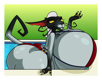 anthro big_breasts big_butt bikini border breasts butt clothed clothing female hair heterochromia huge_breasts huge_butt hyper hyper_breasts hyper_butt jewelry looking_at_viewer mature_anthro mature_female poolside scar skimpy skimpy_bikini solo swimming_pool swimwear thick_thighs two-piece_swimsuit whiskers white_border wide_hips buxely a_hat_in_time empress_(ahit) felid feline mammal absurd_res colored hi_res