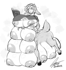 14_breasts alternate_species big_breasts book breasts clothing female fur hair holding_book holding_object hooves huge_breasts hyper hyper_breasts implied_transformation multi_breast nipples simple_background solo standing tail torn_clothing white_background glubtastic homestuck ms_paint_adventures rose_lalonde deer deer_taur mammal mammal_taur taur 2025 hi_res monochrome