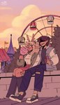 accessory amusement_park amusement_ride anthro antlers belt blonde_hair bottomwear brown_body candy clothing cloud colored_nails cotton_candy covered_eyes dark_hair date dating dessert detailed_background duo eating electronics female ferris_wheel food footwear hair hair_accessory hand_holding holding_food holding_object holding_phone hooves horn human_on_anthro interspecies jacket male male/female nails pants phone plant red_nose romantic romantic_couple shoes sitting skirt tan_body topwear torn_bottomwear torn_clothing torn_pants tree jxitrash deltarune undertale_(series) kris_(deltarune) noelle_holiday cervine deer human mammal new_world_deer reindeer 2021 hi_res signature