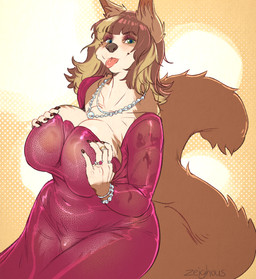 5_fingers abstract_background anthro belly big_breasts big_tail biped black_claws breast_squish breasts brown_body brown_fur brown_hair brown_tail bulge claws cleavage clothed clothed_anthro clothing countershade_fur countershade_torso countershading curvy_figure digit_ring dress fingers formal_wear fully_clothed fully_clothed_anthro fully_clothed_gynomorph fur green_eyes gynomorph gynomorph_anthro hair huge_breasts humanoid_hands intersex intersex_anthro jewelry looking_at_viewer mouth_closed multicolored_body multicolored_fur multicolored_hair navel_outline necklace pointy_ears pressing_breasts_together prick_ears red_clothing red_dress simple_background solo squish standing tail tan_body tan_countershading tan_fur tan_hair tongue tongue_out translucent translucent_clothing translucent_dress two_tone_body two_tone_fur two_tone_hair voluptuous voluptuous_anthro voluptuous_gynomorph zeighous laura_(soft_rain) canid canine mammal hi_res portrait signature three-quarter_portrait trans_(lore) trans_woman_(lore)